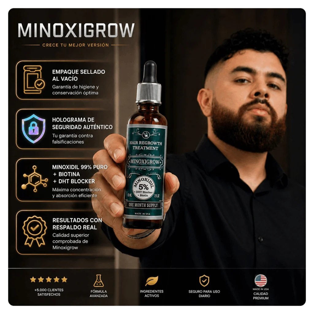 Minoxigrow, modelo mostrando el tonico minoxigrow y sus insignias de confianza